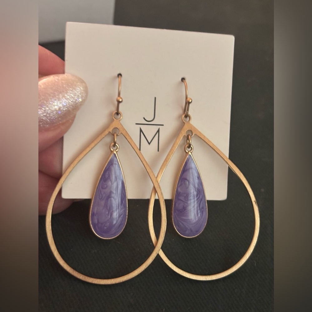 New Jill Michael Lexa Stone Drop Earrings Gold Tone Teardrop Lightweight Purple